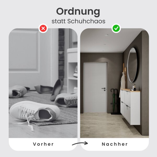 Schuhschrank STIVIO 2x 2 Klappe Weiß Grau 60 cm, LED Spiegel rund mit Rahmen 100 cm (3 Lichtstufen)