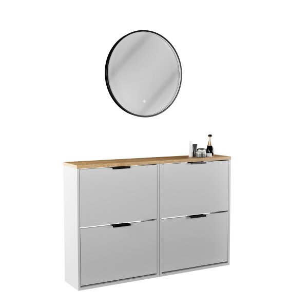 Schuhschrank STIVIO 2x 2 Klappe Weiß Grau 60 cm, LED Spiegel rund mit Rahmen 60 cm (3 Lichtstufen)