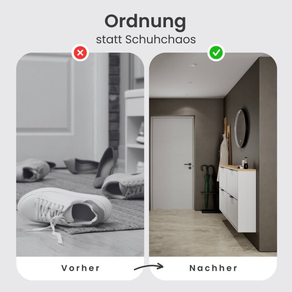 Schuhschrank STIVIO 2x 2 Klappe Weiß Grau 60 cm, LED Spiegel rund mit Rahmen 60 cm (3 Lichtstufen)