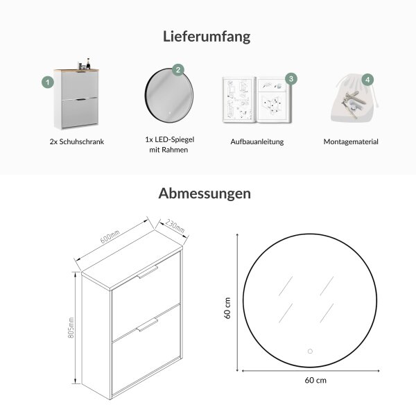Schuhschrank STIVIO 2x 2 Klappe Weiß Grau 60 cm, LED Spiegel rund mit Rahmen 60 cm (3 Lichtstufen)