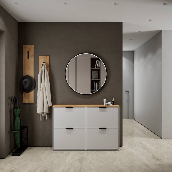 Schuhschrank STIVIO 2x 2 Klappe Weiß Grau 60 cm, LED Spiegel rund mit Rahmen 80 cm (3 Lichtstufen)