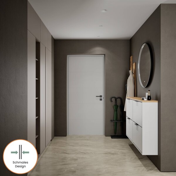 Schuhschrank STIVIO 2x 2 Klappe Weiß Grau 60 cm, LED Spiegel rund mit Rahmen 80 cm (3 Lichtstufen)