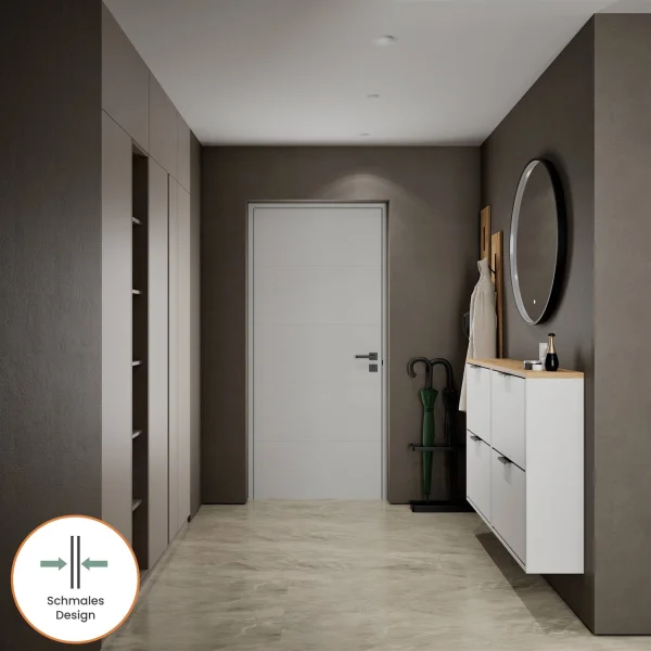 Scapolo per scarpe STIVIO 2x 2 ante a ribalta bianco-grigio 60 cm, specchio rotondo con cornice e illuminazione a LED 80 cm (3 livelli di luminosità)