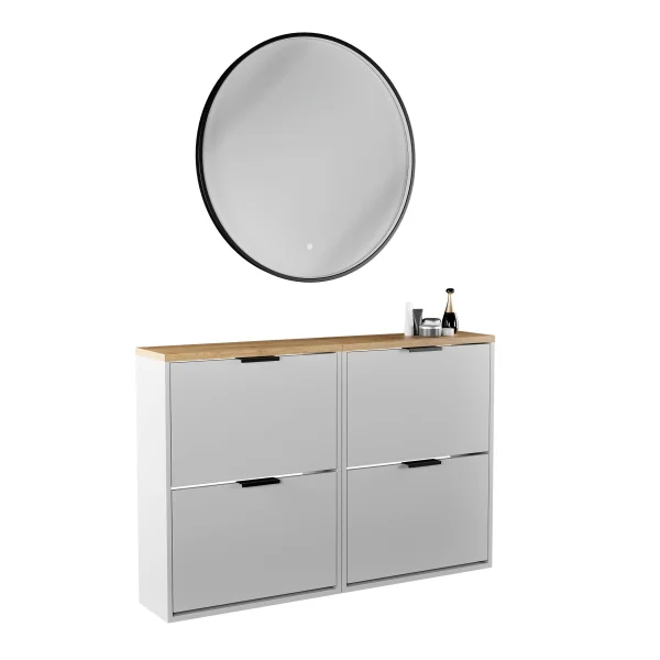 Scapolo per scarpe STIVIO 2x 2 ante a ribalta bianco-grigio 60 cm, specchio rotondo con cornice e illuminazione a LED 80 cm (3 livelli di luminosità)