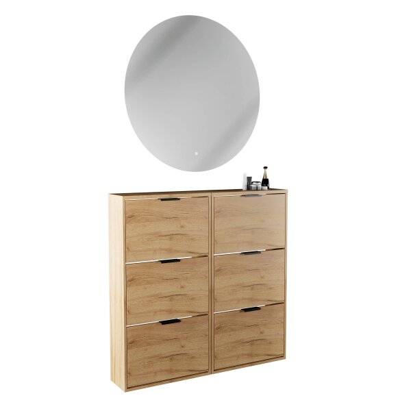 Schuhschrank STIVIO 2x 3 Klappe Gold Eiche 60 cm, LED Spiegel rund ohne Rahmen 100 cm (2 Lichtstufen)