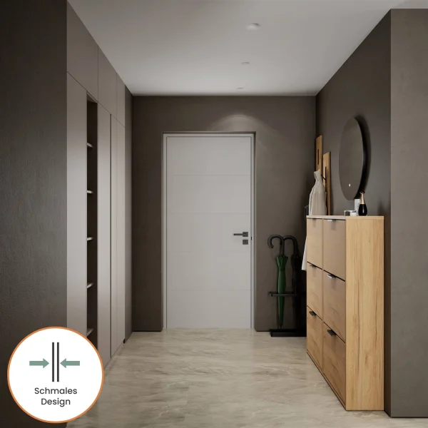 Meuble à chaussures STIVIO 2x 3 portes battantes, chêne doré, 60 cm, miroir rond sans cadre à LED, 60 cm (2 intensités déclairage)