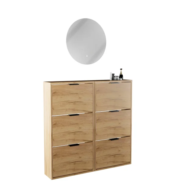 Meuble à chaussures STIVIO 2x 3 portes battantes, chêne doré, 60 cm, miroir rond sans cadre à LED, 60 cm (2 intensités déclairage)
