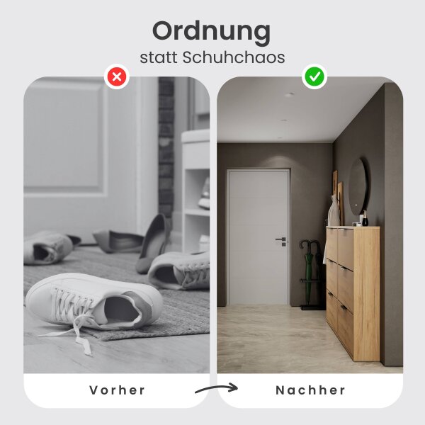 Schuhschrank STIVIO 2x 3 Klappe Gold Eiche 60 cm, LED Spiegel rund ohne Rahmen 60 cm (2 Lichtstufen)