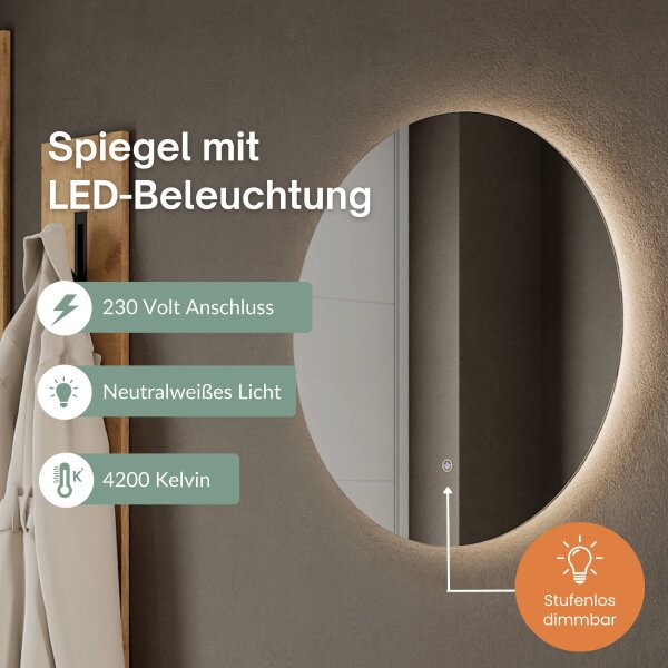 Schuhschrank STIVIO 2x 3 Klappe Gold Eiche 60 cm, LED Spiegel rund ohne Rahmen 60 cm (2 Lichtstufen)
