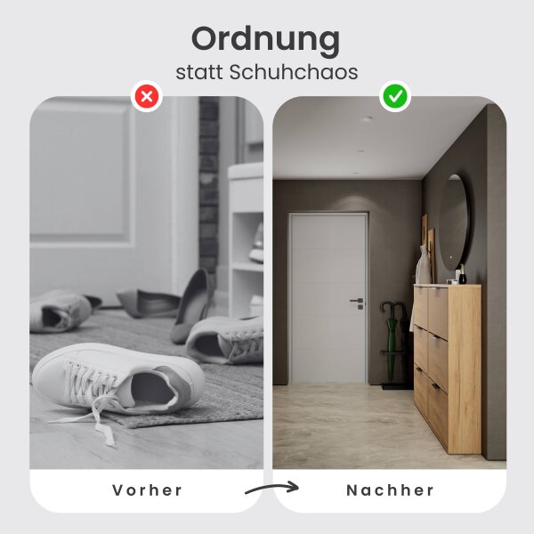 Schuhschrank STIVIO 2x 3 Klappe Gold Eiche 60 cm, LED Spiegel rund ohne Rahmen 80 cm (2 Lichtstufen)