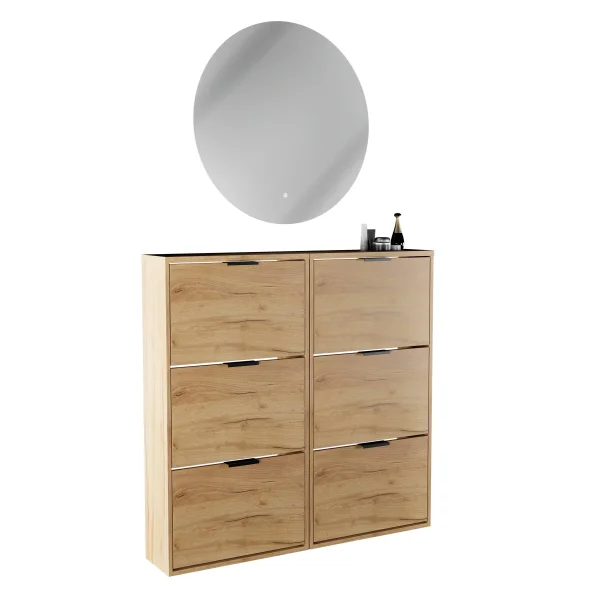 Scapolo per scarpe STIVIO 2x 3 ante a ribalta, rovere dorato, 60 cm; specchio rotondo a LED senza cornice, 80 cm (2 livelli di illuminazione)