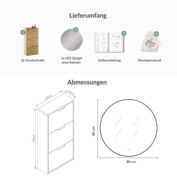 Schuhschrank STIVIO 2x 3 Klappe Gold Eiche 60 cm, LED Spiegel rund ohne Rahmen 80 cm (2 Lichtstufen)
