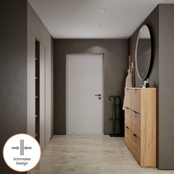 Schuhschrank STIVIO 2x 3 Klappe Gold Eiche 60 cm, LED Spiegel rund mit Rahmen 100 cm (3 Lichtstufen)