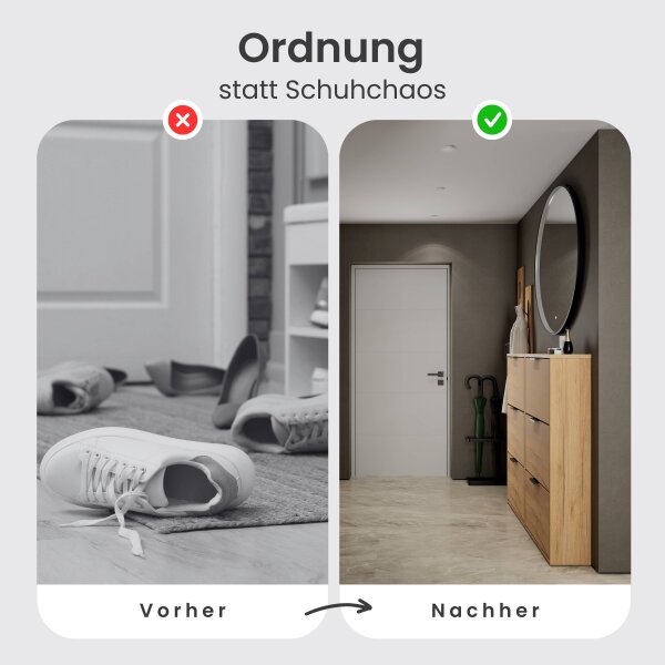 Schuhschrank STIVIO 2x 3 Klappe Gold Eiche 60 cm, LED Spiegel rund mit Rahmen 100 cm (3 Lichtstufen)