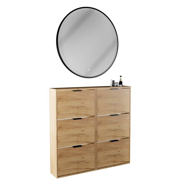 Schuhschrank STIVIO 2x 3 Klappe Gold Eiche 60 cm, LED Spiegel rund mit Rahmen 100 cm (3 Lichtstufen)