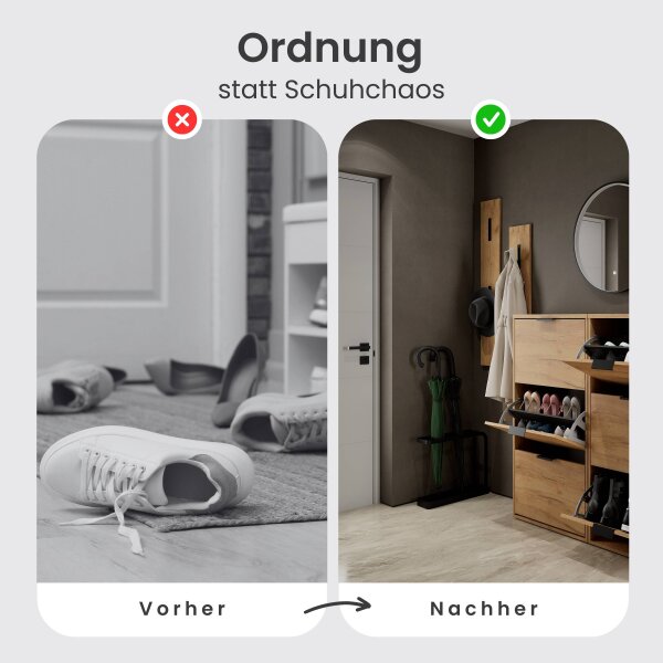 Schuhschrank STIVIO 2x 3 Klappe Gold Eiche 60 cm, LED Spiegel rund mit Rahmen 60 cm (3 Lichtstufen)