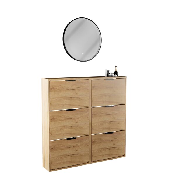 Schuhschrank STIVIO 2x 3 Klappe Gold Eiche 60 cm, LED Spiegel rund mit Rahmen 60 cm (3 Lichtstufen)