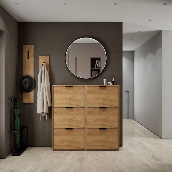 Schuhschrank STIVIO 2x 3 Klappe Gold Eiche 60 cm, LED Spiegel rund mit Rahmen 80 cm (3 Lichtstufen)