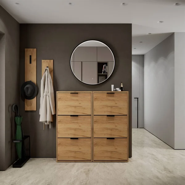 Meuble à chaussures STIVIO 2x 3 portes battantes, chêne doré, 60 cm, miroir rond à LED avec cadre, 80 cm (3 intensités déclairage)