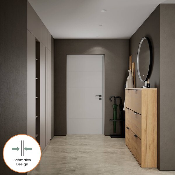 Schuhschrank STIVIO 2x 3 Klappe Gold Eiche 60 cm, LED Spiegel rund mit Rahmen 80 cm (3 Lichtstufen)