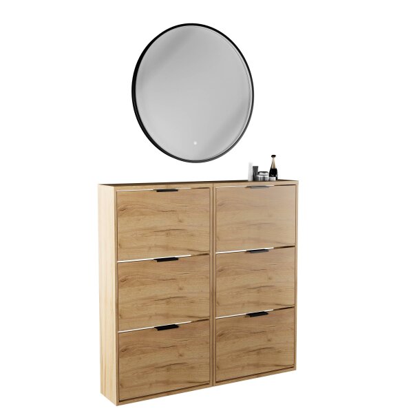 Schuhschrank STIVIO 2x 3 Klappe Gold Eiche 60 cm, LED Spiegel rund mit Rahmen 80 cm (3 Lichtstufen)