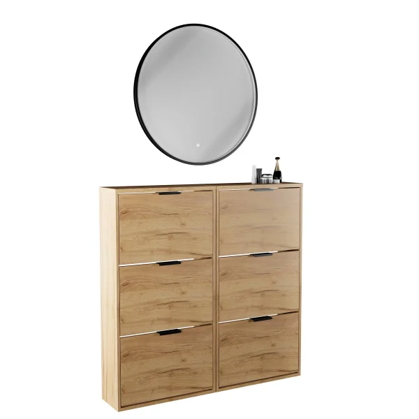 Meuble à chaussures STIVIO 2x 3 portes battantes, chêne doré, 60 cm, miroir rond à LED avec cadre, 80 cm (3 intensités déclairage)