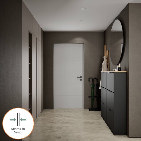 Schuhschrank STIVIO 2x 3 Klappe Schwarz 60 cm, LED Spiegel rund ohne Rahmen 100 cm (2 Lichtstufen)