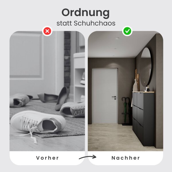 Schuhschrank STIVIO 2x 3 Klappe Schwarz 60 cm, LED Spiegel rund ohne Rahmen 100 cm (2 Lichtstufen)