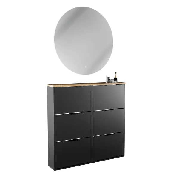 Scapolo STIVIO 2x 3 ante a ribalta, nero, 60 cm; specchio rotondo a LED senza cornice, 100 cm (2 livelli di illuminazione)