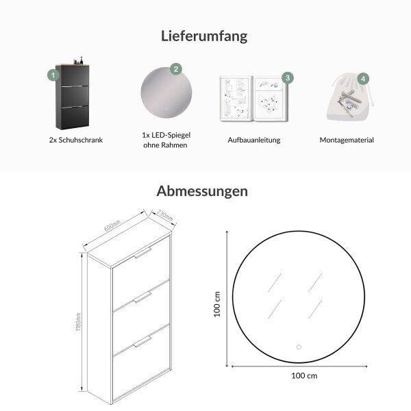 Schuhschrank STIVIO 2x 3 Klappe Schwarz 60 cm, LED Spiegel rund ohne Rahmen 100 cm (2 Lichtstufen)