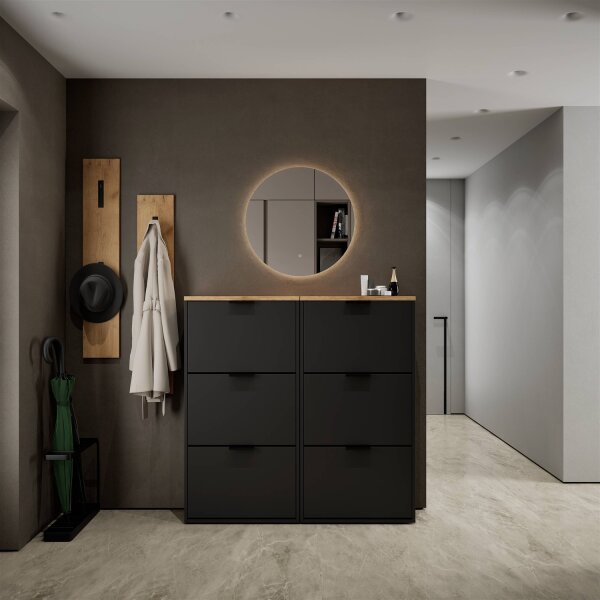 Schuhschrank STIVIO 2x 3 Klappe Schwarz 60 cm, LED Spiegel rund ohne Rahmen 60 cm (2 Lichtstufen)