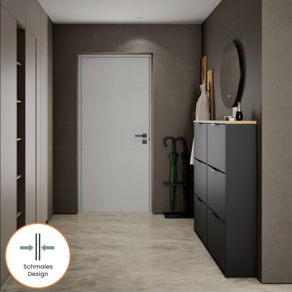 Schuhschrank STIVIO 2x 3 Klappe Schwarz 60 cm, LED Spiegel rund ohne Rahmen 60 cm (2 Lichtstufen)