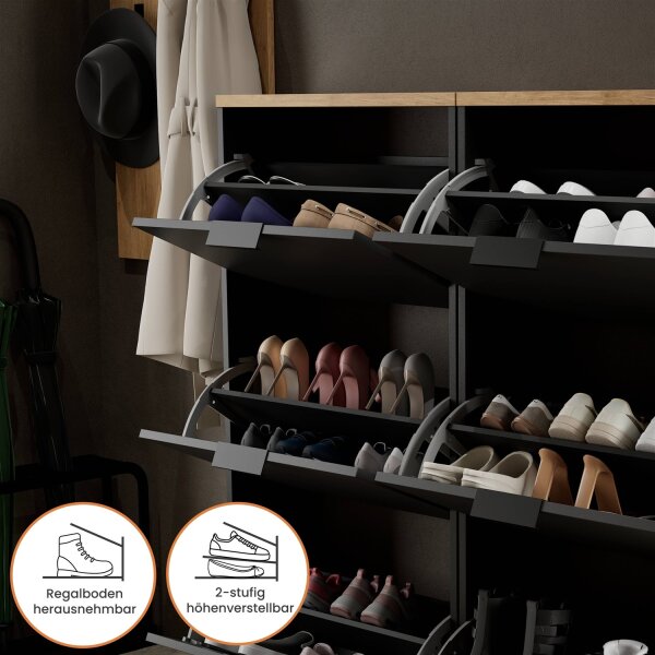 Schuhschrank STIVIO 2x 3 Klappe Schwarz 60 cm, LED Spiegel rund ohne Rahmen 60 cm (2 Lichtstufen)