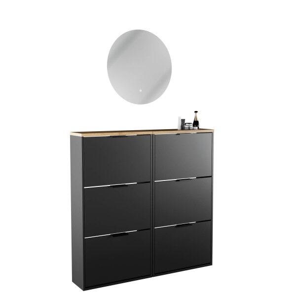 Schuhschrank STIVIO 2x 3 Klappe Schwarz 60 cm, LED Spiegel rund ohne Rahmen 60 cm (2 Lichtstufen)
