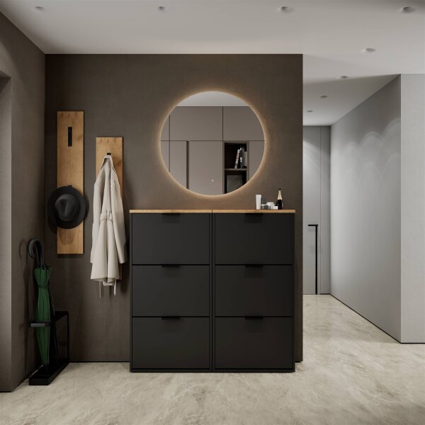 Schuhschrank STIVIO 2x 3 Klappe Schwarz 60 cm, LED Spiegel rund ohne Rahmen 80 cm (2 Lichtstufen)