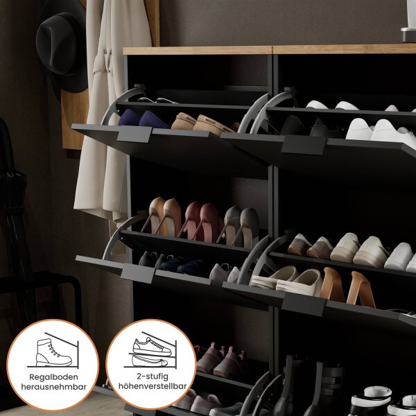 Schuhschrank STIVIO 2x 3 Klappe Schwarz 60 cm, LED Spiegel rund ohne Rahmen 80 cm (2 Lichtstufen)