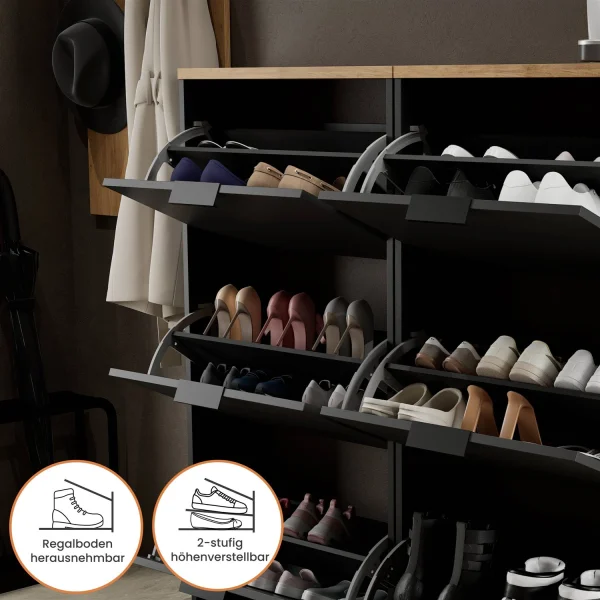 Meuble à chaussures STIVIO 2x 3 portes, noir, 60 cm, miroir rond sans cadre à LED, 80 cm (2 intensités déclairage)