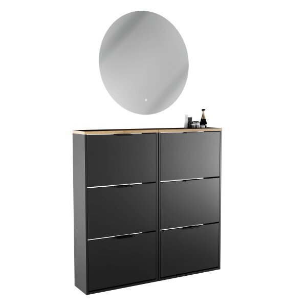 Schuhschrank STIVIO 2x 3 Klappe Schwarz 60 cm, LED Spiegel rund ohne Rahmen 80 cm (2 Lichtstufen)