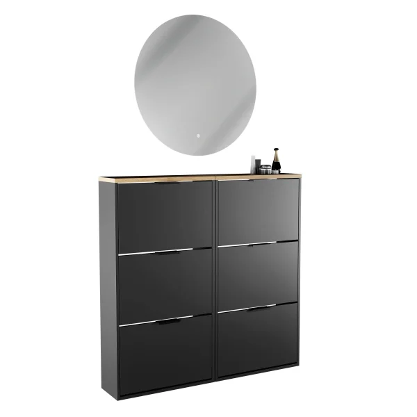 Meuble à chaussures STIVIO 2x 3 portes, noir, 60 cm, miroir rond sans cadre à LED, 80 cm (2 intensités déclairage)