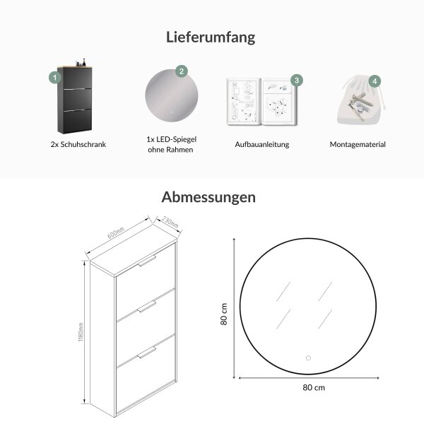 Schuhschrank STIVIO 2x 3 Klappe Schwarz 60 cm, LED Spiegel rund ohne Rahmen 80 cm (2 Lichtstufen)