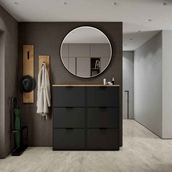 Schuhschrank STIVIO 2x 3 Klappe Schwarz 60 cm, LED Spiegel rund mit Rahmen 100 cm (3 Lichtstufen)