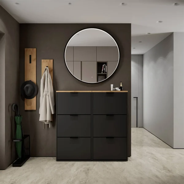 Shoe Cabinet STIVIO 2x 3 Flap Black 60 cm, Oval with Frame LED Mirror (3 Light Levels)