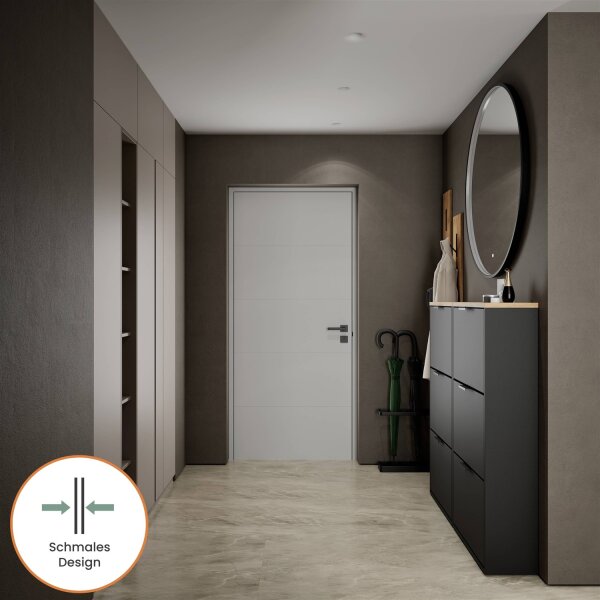 Schuhschrank STIVIO 2x 3 Klappe Schwarz 60 cm, LED Spiegel rund mit Rahmen 100 cm (3 Lichtstufen)