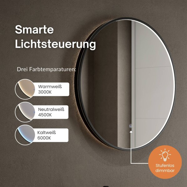 Schuhschrank STIVIO 2x 3 Klappe Schwarz 60 cm, LED Spiegel rund mit Rahmen 100 cm (3 Lichtstufen)