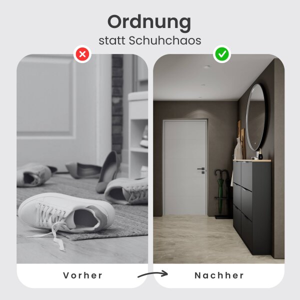 Schuhschrank STIVIO 2x 3 Klappe Schwarz 60 cm, LED Spiegel rund mit Rahmen 100 cm (3 Lichtstufen)