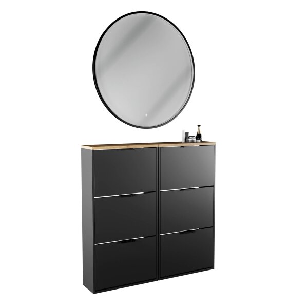 Schuhschrank STIVIO 2x 3 Klappe Schwarz 60 cm, LED Spiegel rund mit Rahmen 100 cm (3 Lichtstufen)