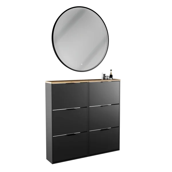 Shoe Cabinet STIVIO 2x 3 Flap Black 60 cm, Oval with Frame LED Mirror (3 Light Levels)