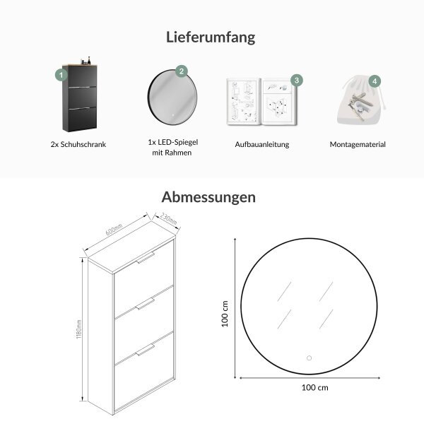 Schuhschrank STIVIO 2x 3 Klappe Schwarz 60 cm, LED Spiegel rund mit Rahmen 100 cm (3 Lichtstufen)
