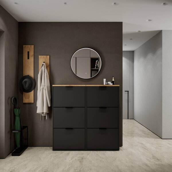 Schuhschrank STIVIO 2x 3 Klappe Schwarz 60 cm, LED Spiegel rund mit Rahmen 60 cm (3 Lichtstufen)