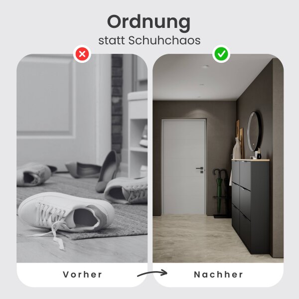 Schuhschrank STIVIO 2x 3 Klappe Schwarz 60 cm, LED Spiegel rund mit Rahmen 60 cm (3 Lichtstufen)